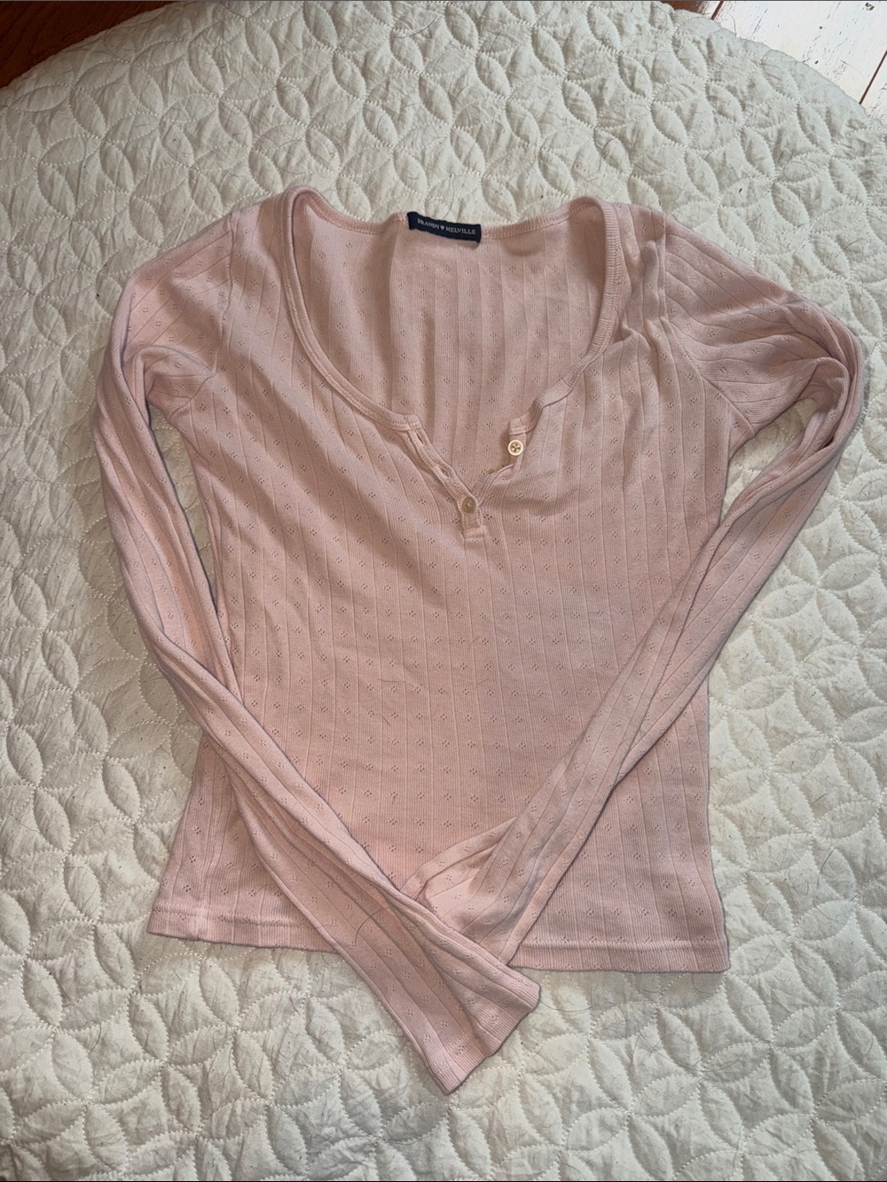 Brandy Melville Pale Pink Ribbed Henley Long Sleeve Top